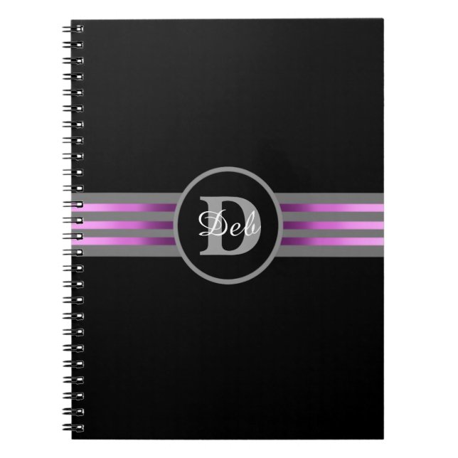 Monogram Circle Silhouette Black and Grey Stripes Notebook (Front)