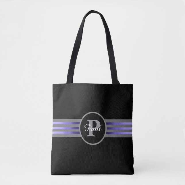 Monogram Circle Silhouette Black and Grey Stripes Tote Bag (Front)