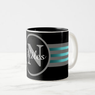 Monogram Circle Silhouette Black and Grey Stripes Two-Tone Coffee Mug