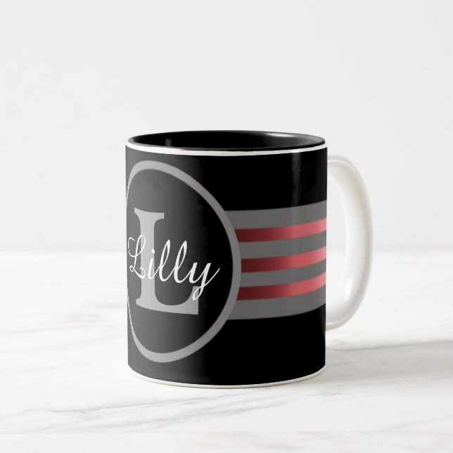 Monogram Circle Silhouette Black and Grey Stripes Two-Tone Coffee Mug (Front Right)
