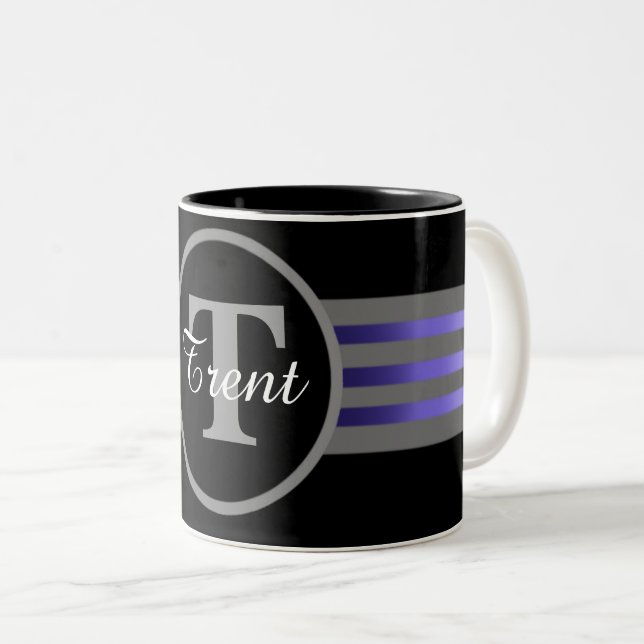 Monogram Circle Silhouette Black and Grey With Str Two-Tone Coffee Mug (Front Right)