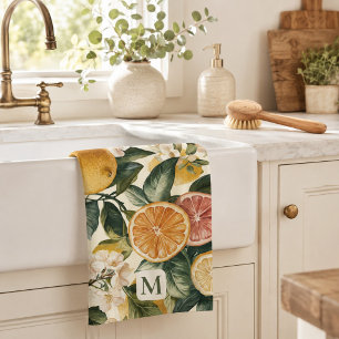 Monogram Citrus Bloom Pattern Housewarming Gift  Tea Towel