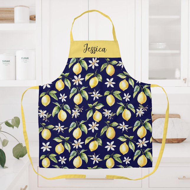 Monogram Citrus Lemon Fruit Botanical Pattern Apron (In situ)