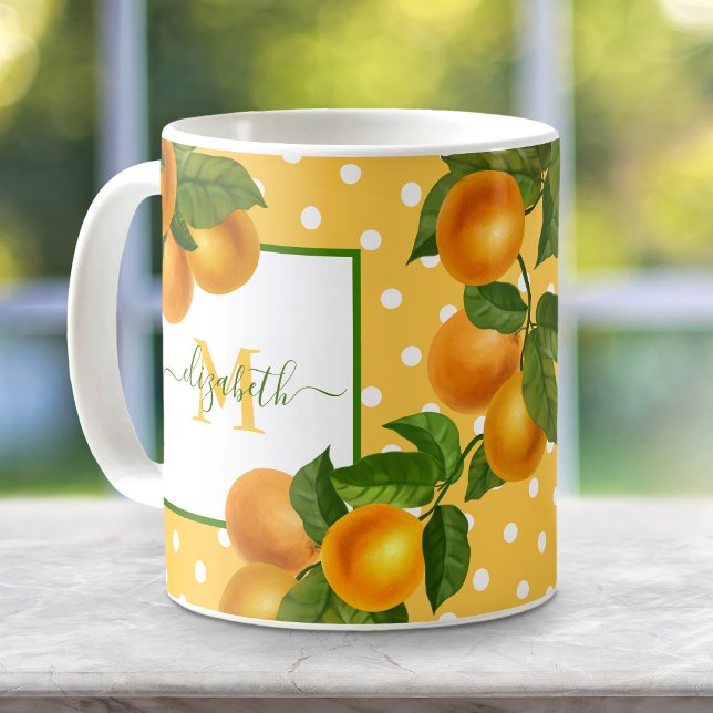 Monogram citrus oranges watercolor dots rustic coffee mug (Creator Uploaded)