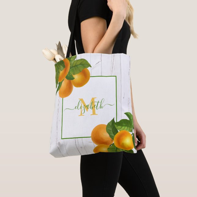 Monogram citrus oranges watercolor rustic wood tote bag (Close Up)