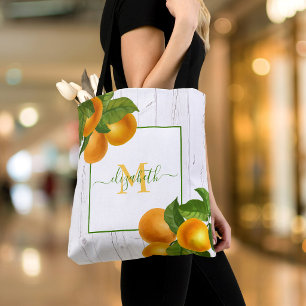 Monogram citrus oranges watercolor rustic wood tote bag