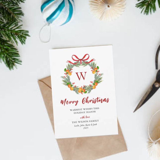  Monogram Citrus Wreath Non Photo Christmas  Holiday Card (Creator Uploaded)