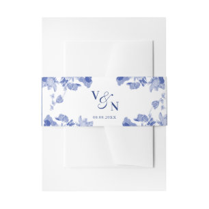 Monogram Classic Blue and White Floral Wedding Invitation Belly Band