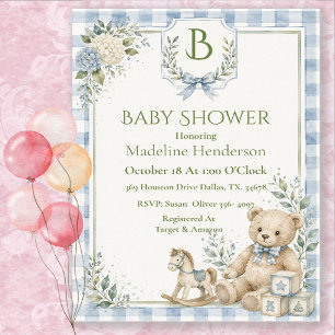 Monogram Classic Blue Gingham Baby Shower Invitation