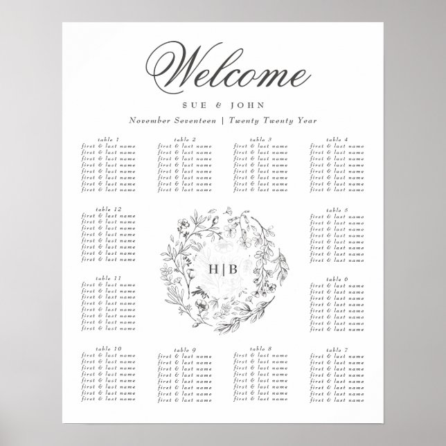 Monogram Classic Botanical Floral Wreath Wedding Poster (Front)
