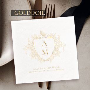 Monogram classic elegant floral crest wedding gold foil napkins