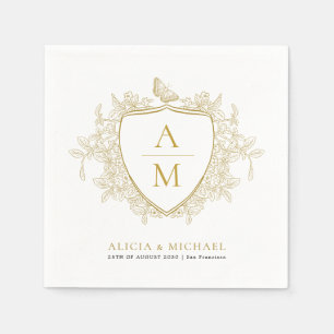 Monogram classic elegant gold floral crest wedding napkin