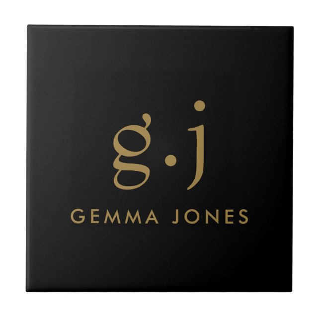 Monogram Classic Elegant Minimal Gold Black Tile (Front)