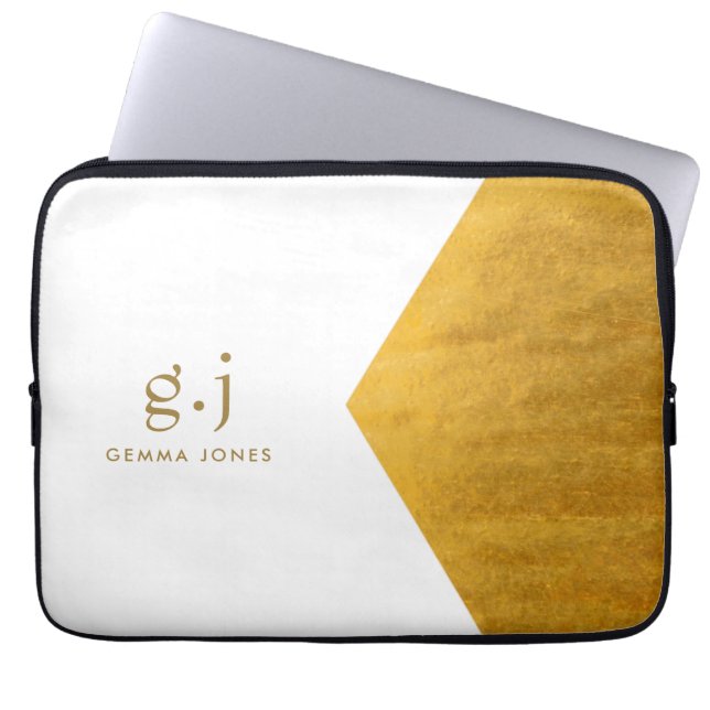 Monogram Classic Elegant Minimal Gold White Laptop Sleeve (Front)
