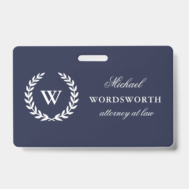 Monogram Classic Elegant Professional Blue Badge ID Badge (Front)