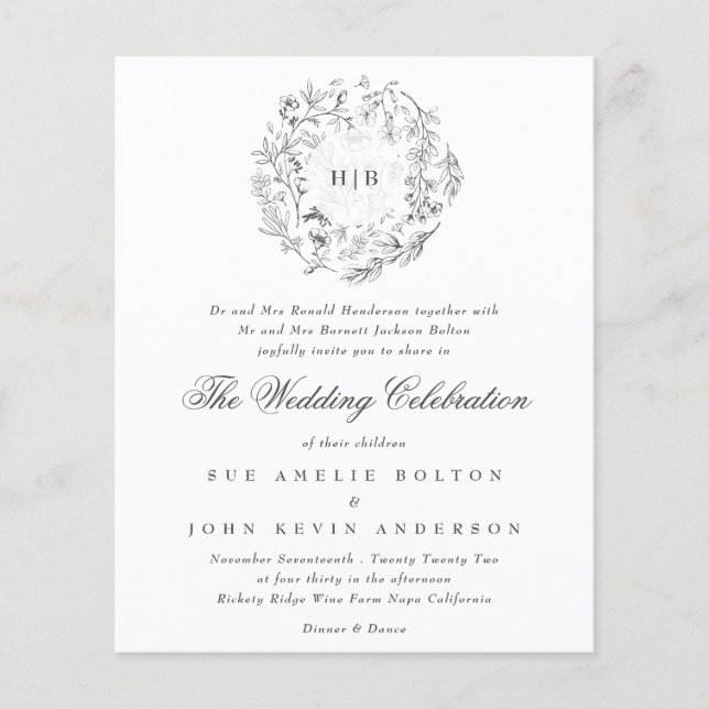 Monogram Classic Florals Budget Wedding Invitation (Front)