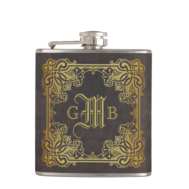 Monogram Classic Gold Frame Antique Leather Fancy Hip Flask (Front)