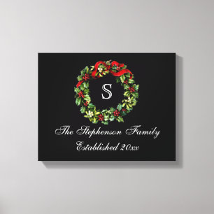 Monogram Classic Holly Wreath Custom Christmas Canvas Print