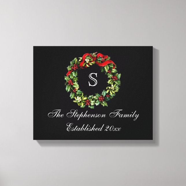 Monogram Classic Holly Wreath Custom Christmas Canvas Print (Front)