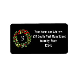 Monogram Classic Holly Wreath Custom Christmas Label