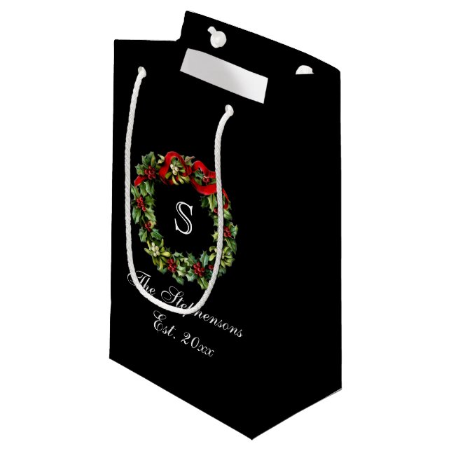 Monogram Classic Holly Wreath Custom Christmas Small Gift Bag (Front Angled)