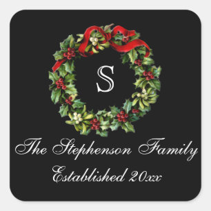 Monogram Classic Holly Wreath Custom Christmas Square Sticker