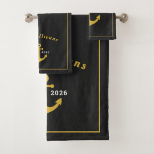 Monogram Classic Nautical Anchor Black Gold Bath Towel Set