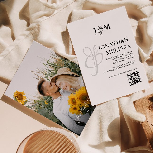 Monogram Classic Photo Script Wedding QR Code Invitation (Creator Uploaded)