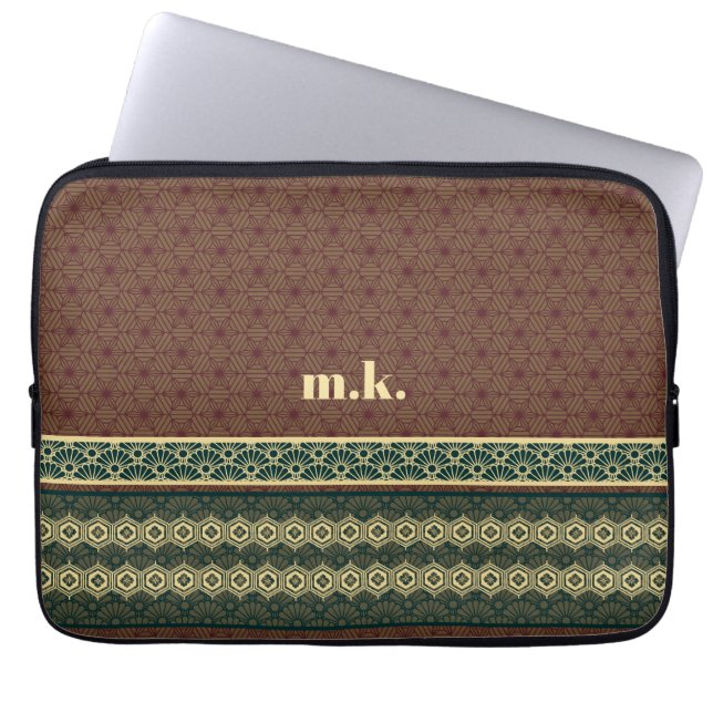 Monogram Classic Red Green Kikkou Pattern Laptop Sleeve (Front)