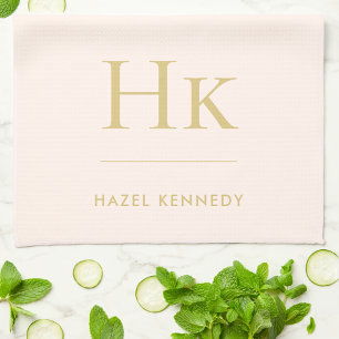 Monogram Classic Simple Elegant Blush Pink Gold Tea Towel