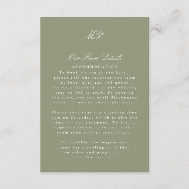 Monogram Classic White Sage Wedding Details Info Enclosure Card (Front)