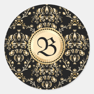 Monogram Classy Elegant Gold Damask Mediaeval Blac Classic Round Sticker