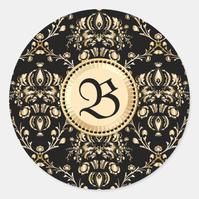 Monogram Classy Elegant Gold Damask Mediaeval Blac Classic Round Sticker (Front)