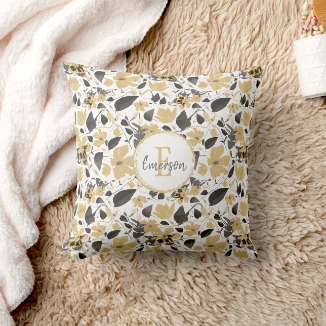 Monogram Clematis Yellow Grey Flowers Cushion (Monogram Clematis Yellow Gray Flowers Throw Pillow from Studio Posies.)