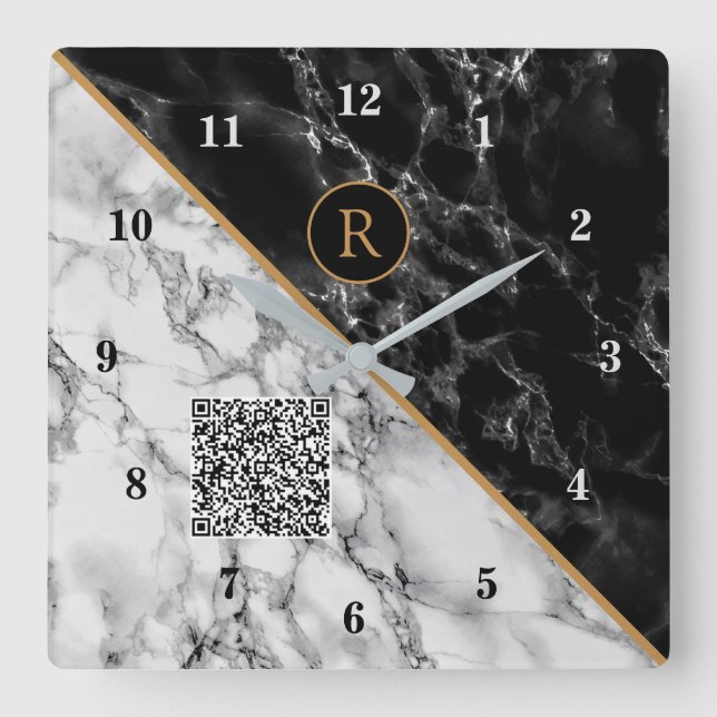 Monogram Clock Your QR Code - Black White Marble (Front)