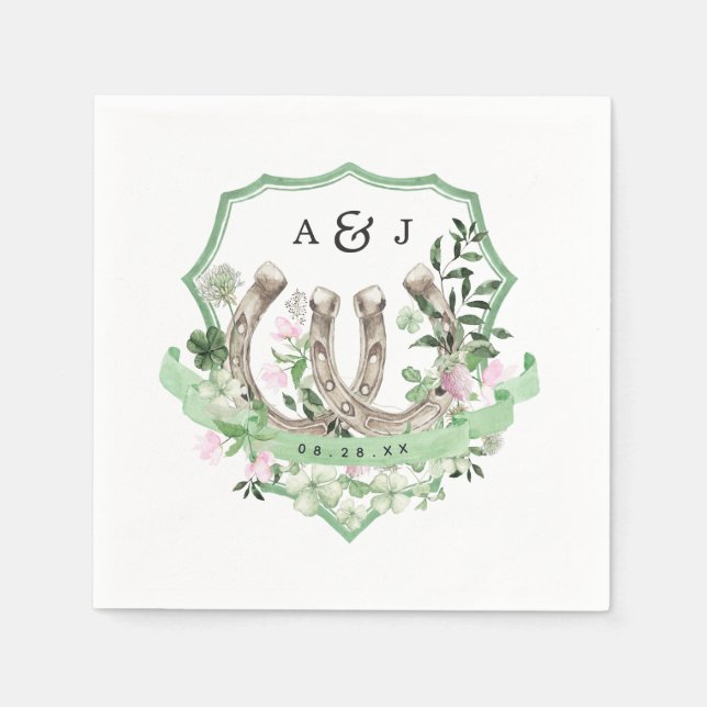 Monogram | Clover Horseshoes Botanical Wedding Napkin (Front)