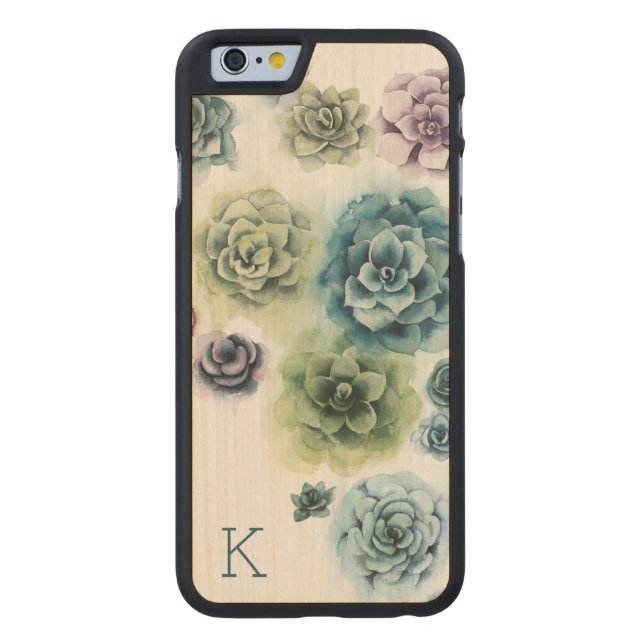 Monogram | Cluster of Succulents Carved Wood iPhone Case (Back)