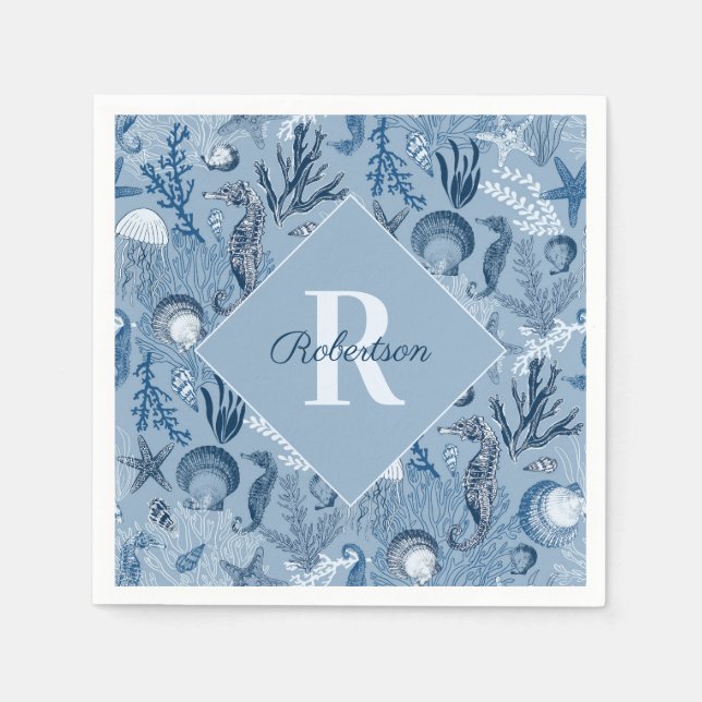 Monogram Coastal Blue Ocean  Napkin (Front)