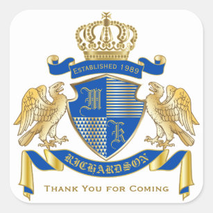 Monogram Coat of Arms Blue Gold Eagle Crown Emblem Square Sticker