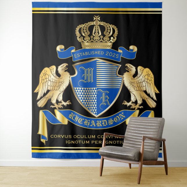 Monogram Coat of Arms Blue Gold Eagle Crown Emblem Tapestry (In Situ)