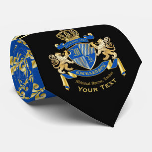 Monogram Coat of Arms Blue Gold Lion Fleur de Lis Tie