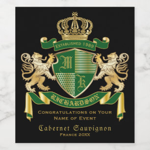 Monogram Coat of Arms Green Gold Lion Crown Emblem Wine Label