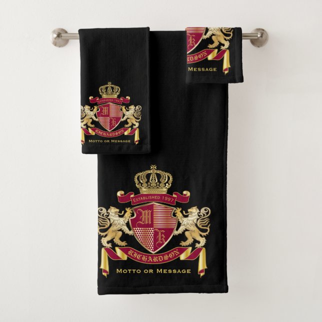 Monogram Coat of Arms Red Gold Lion Crown Emblem Bath Towel Set (Insitu)