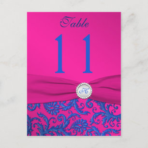 Monogram Cobalt and Fuchsia Damask Table Number Postcard