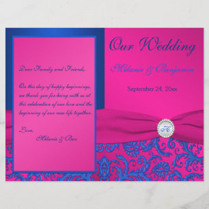 Monogram Cobalt and Fuchsia Damask Wedding Program