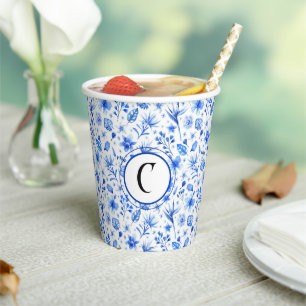 Monogram, Cobalt Blue Flowers & Leaves Pattern 8oz Paper Cups