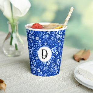 Monogram, Cobalt Blue Flowers & Leaves Pattern 8oz Paper Cups