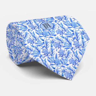 Monogram Cobalt Blue Protea Flower Pattern Tie