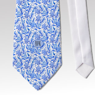 Monogram Cobalt Blue Protea Flower Pattern Tie