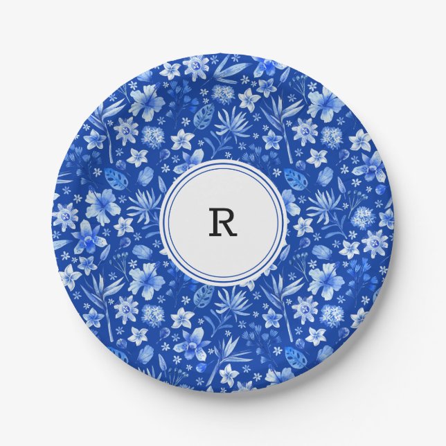 Monogram, Cobalt Blue Tropical Flowers Pattern 7" Paper Plate (Front)